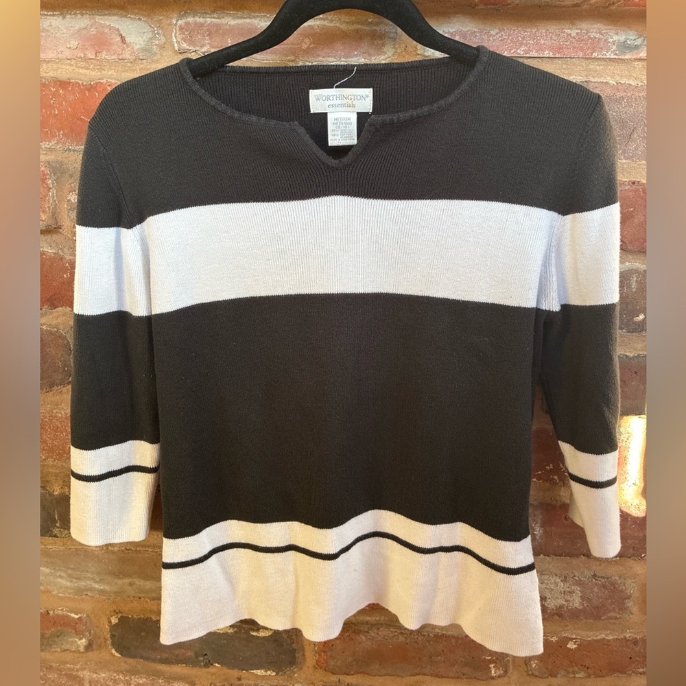 Worthington Black and White Striped Scoop Neck Sweater